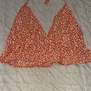 Floral Halter Neck Top - Orange